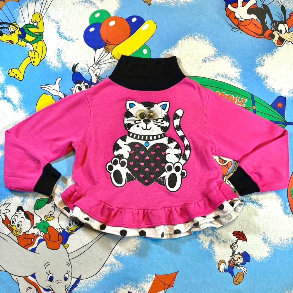 Vintage 90s pink, black & white cat googly eyes kids sweatshirt 🐈‍⬛